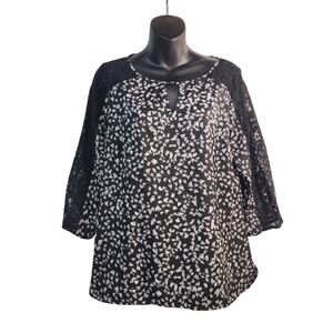 Express Top Blouse Women's Multi Color Floral Print 3/4 Sleeve Lace Trimmed Sz M